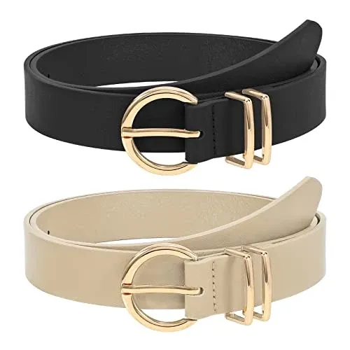 2 pieces leather belt gold buckle leather belt for jeans pants dress, black/beige, 120cm