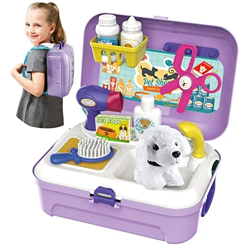 Dogs kids toys, role play backpack dog salon toys kids hairdresser playset, vet kit gift ideas 3 4 5 years toddlers