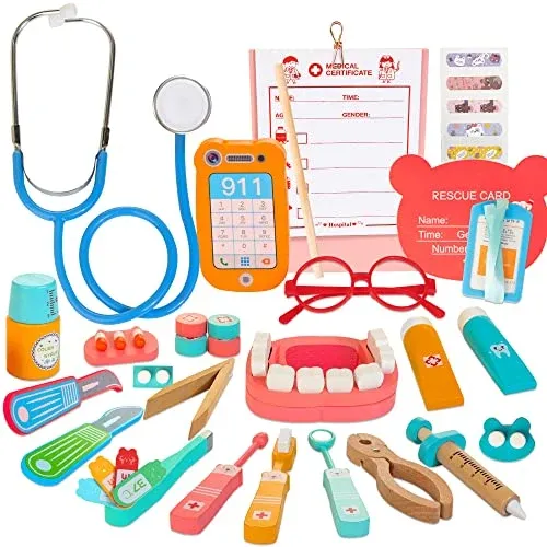 Doctor case children wooden doctor case 41 pieces with bag stethoscope cell phone glasses dentist toy for role play