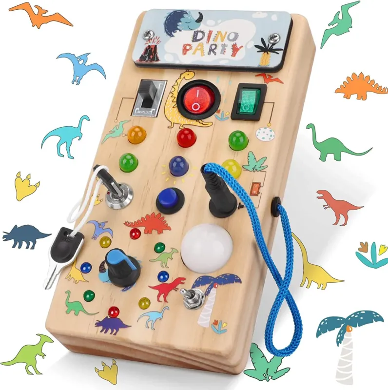 Dinosaur Busy Board toy with 8 LED light switch toy Activity Board wooden toy