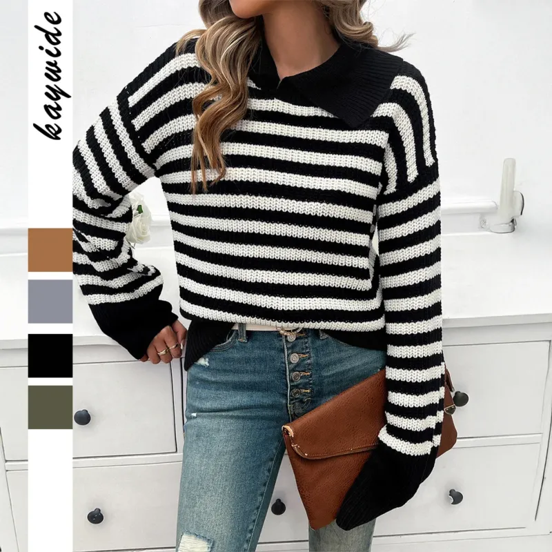 Damen gestreifter Polokragen-Strickpullover mit weitem Saum und ausgestellten Bündchen – Mavelle